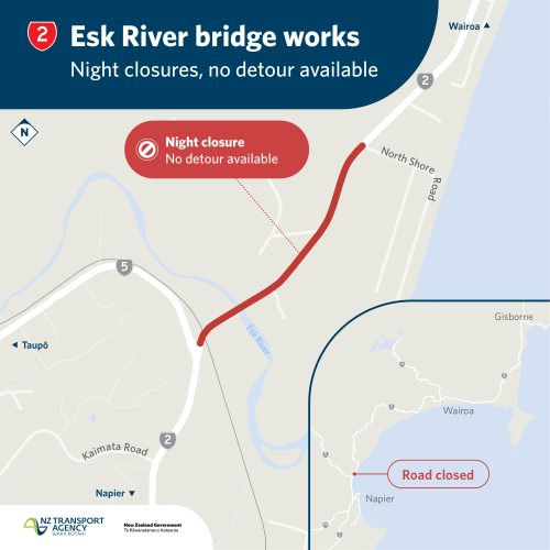 SH2 Esk River bridge closure map 2